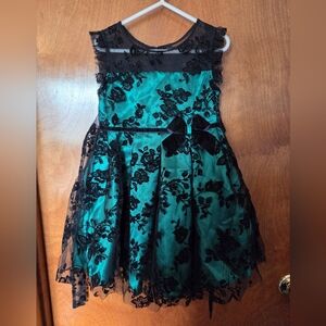 Jona Michelle Green Dress with Black Lace Overlay and Velvet Bow